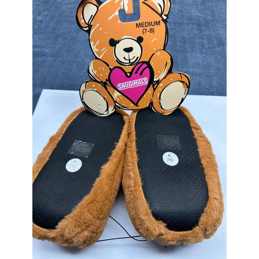 Snugimals Kids Teddy Bear Plush Slippers Brown Faux Fur Medium 7-8 SNL-105-CM